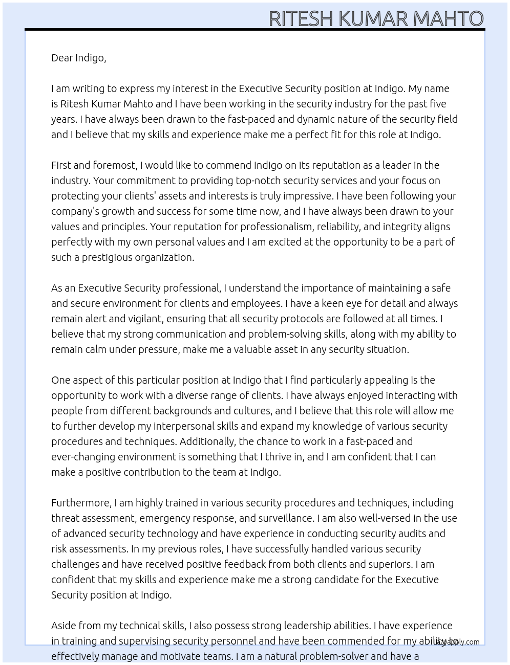 Executive Security At Indigo Cover Letter