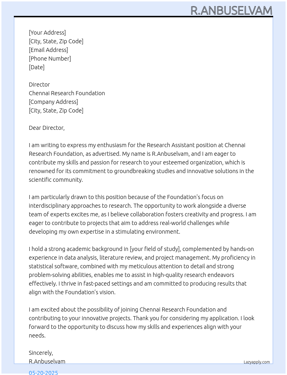 Research Assistant At Chennai Research Foundation Cover Letter