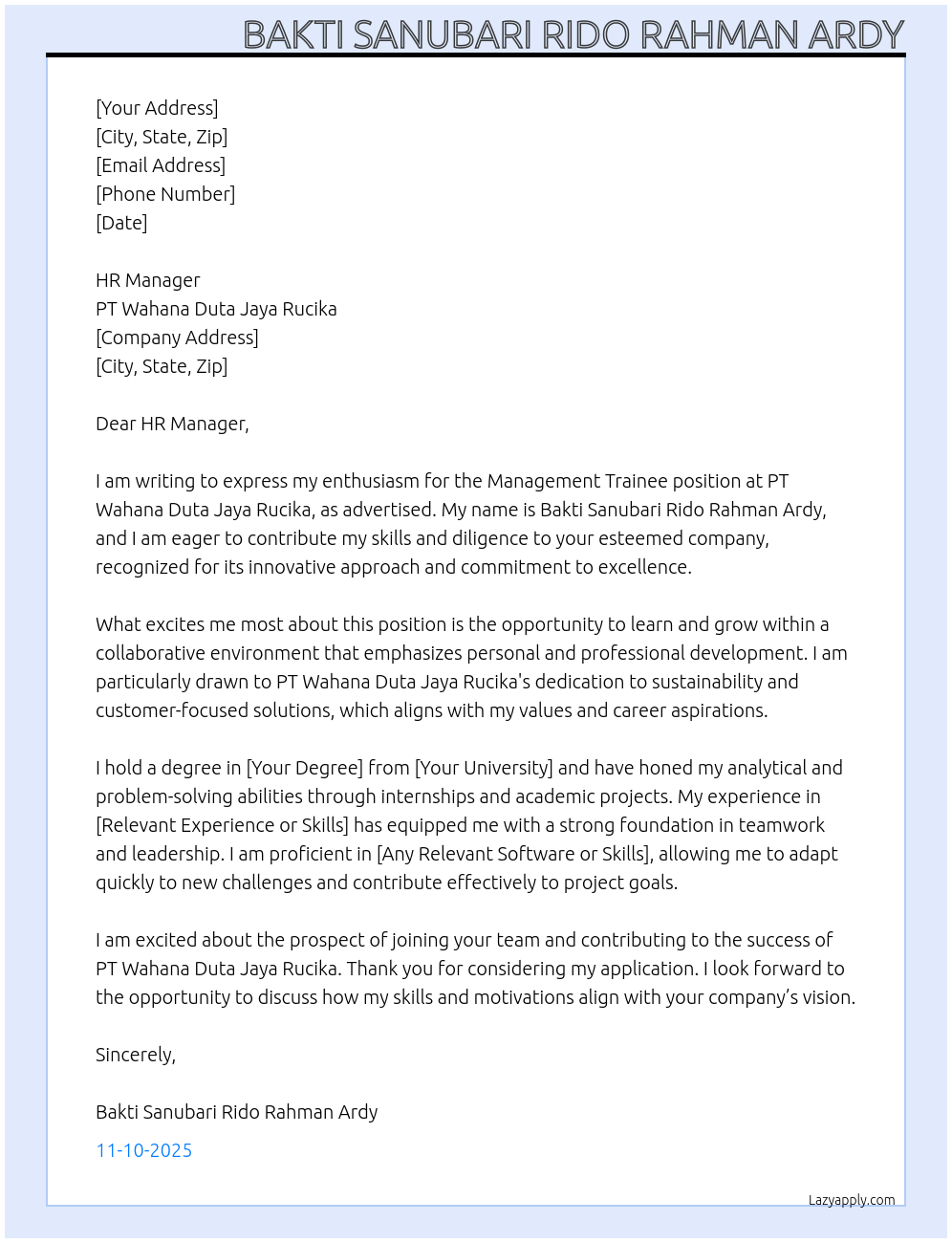 MANAGEMENT TRAINEE At PT Wahana Duta Jaya Rucika Cover Letter