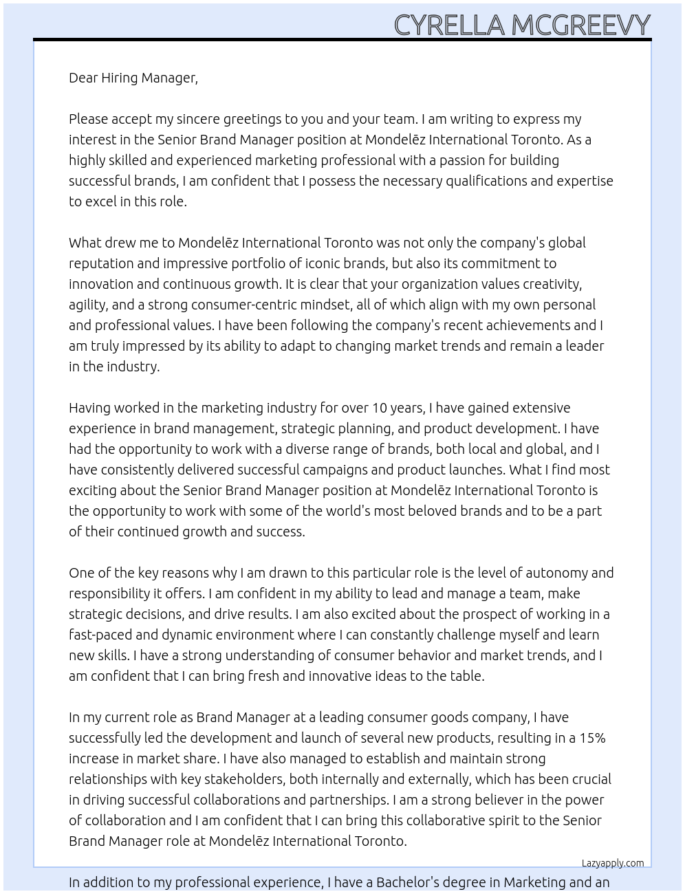 Senior Brand Manager At Mondelēz International Toronto, Cover Letter