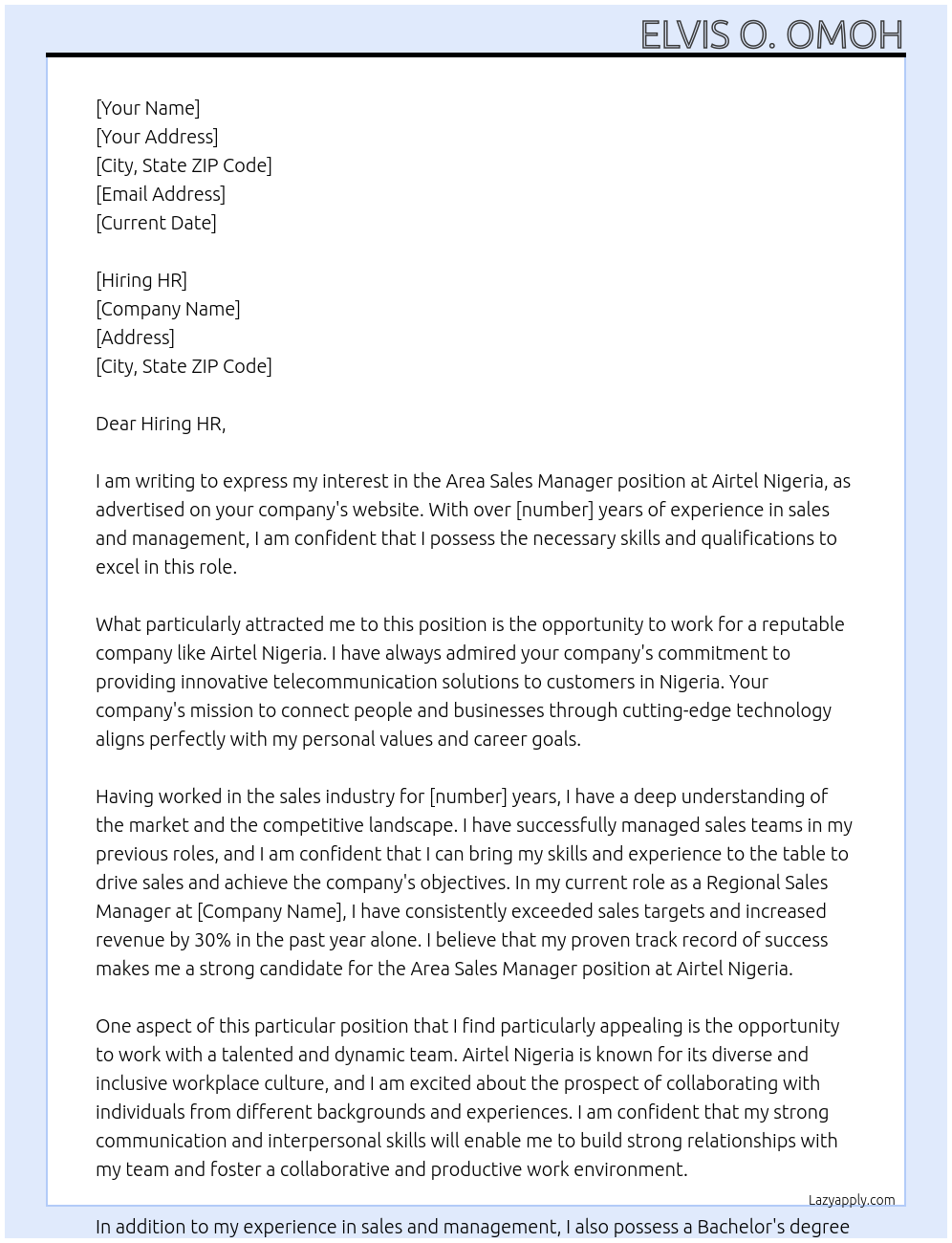 Area Sales Manager At Airtel Nigeria Cover Letter