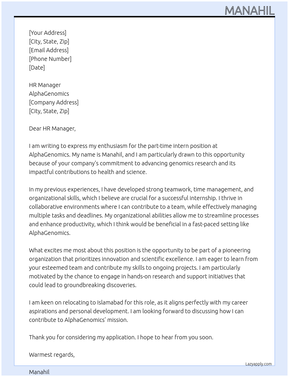 Intern At alphagenemoics Cover Letter