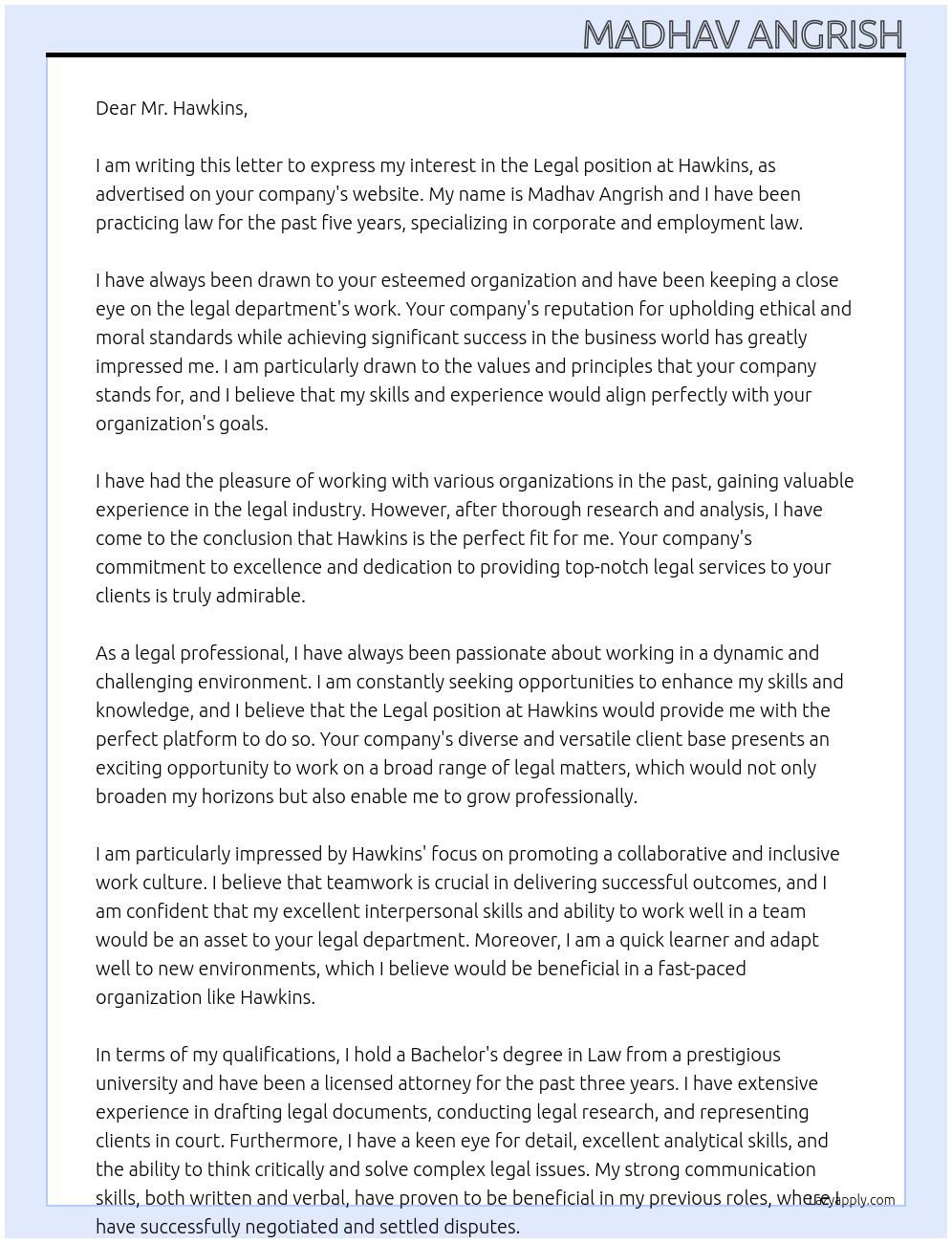 legal At hawkins Cover Letter