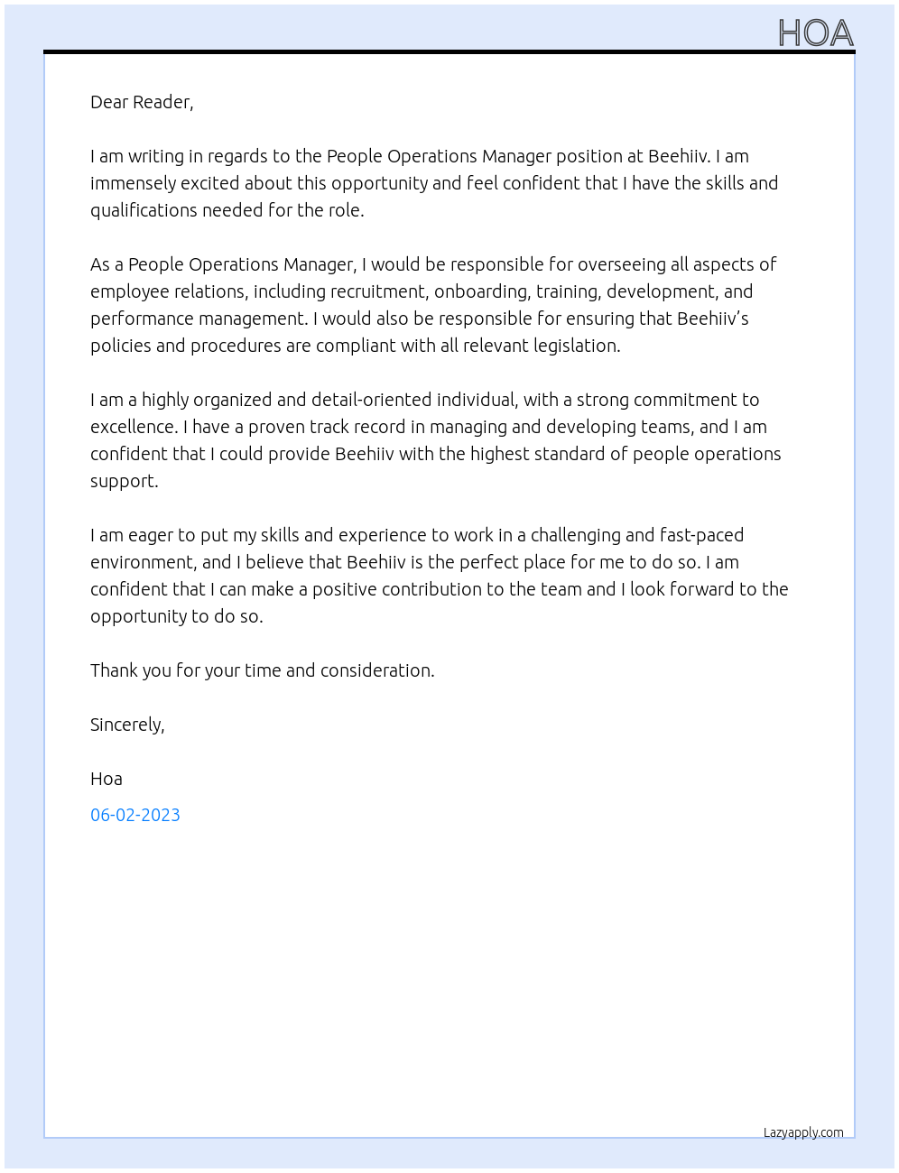 People Operations Manager At Beehiiv Cover Letter