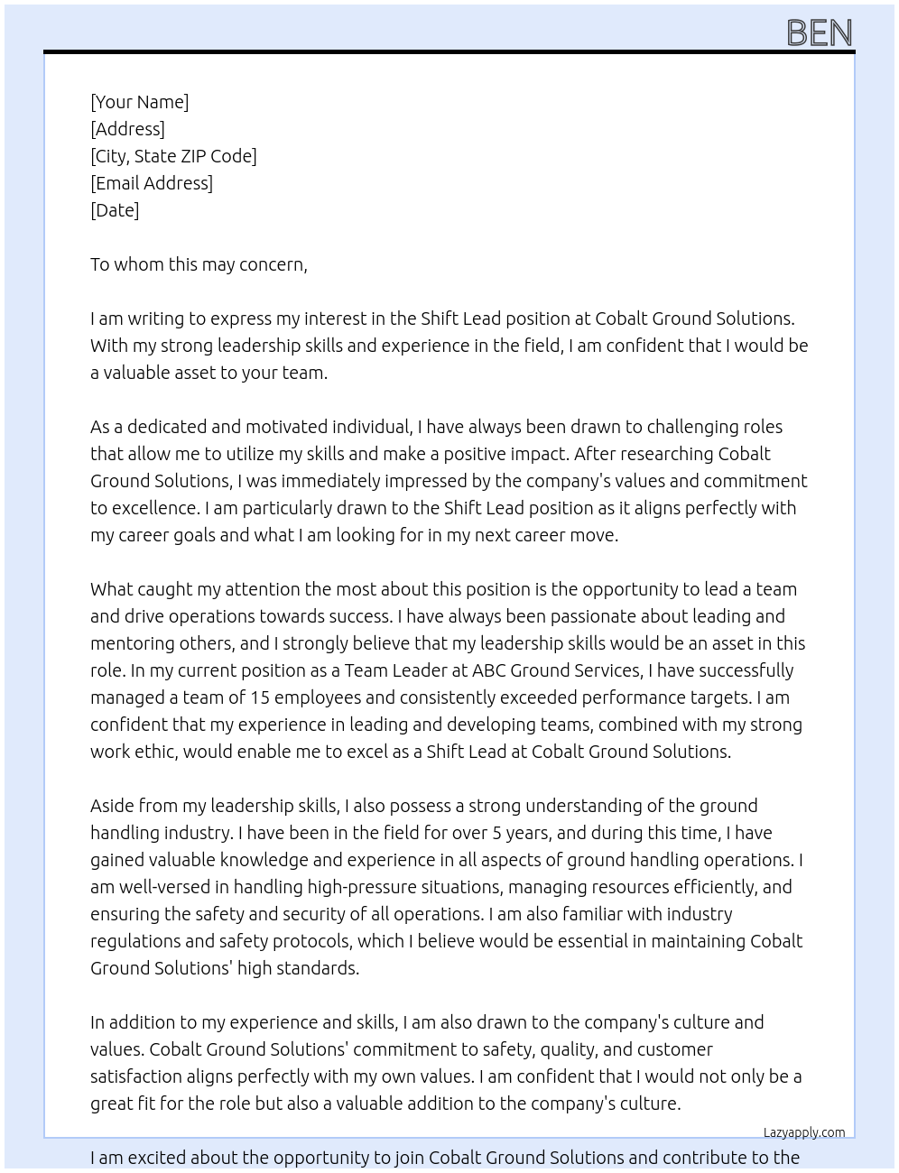 Shift lead At Cobalt ground solutions Cover Letter