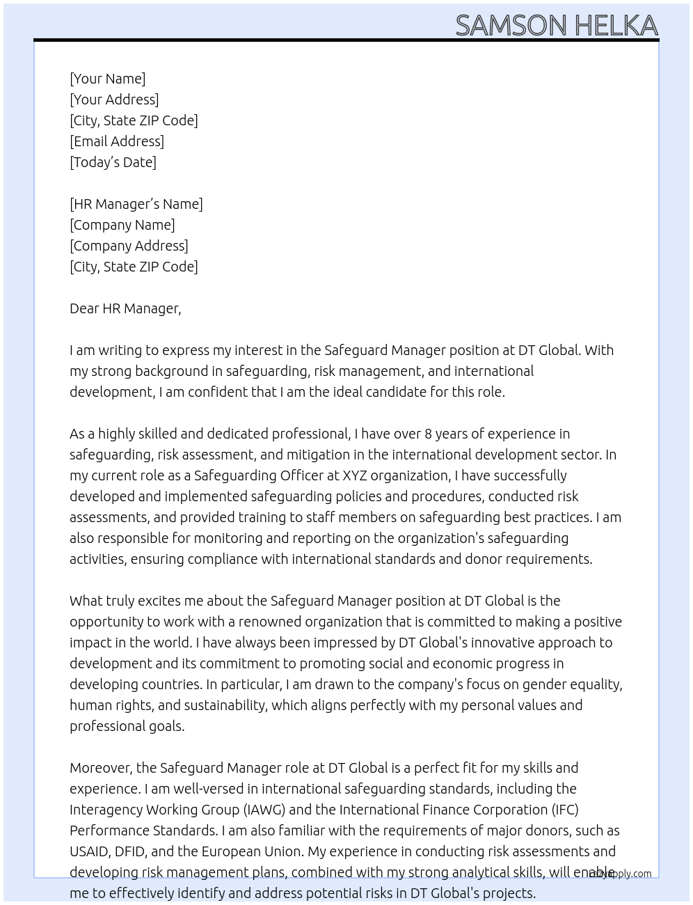 SAFEGUARD MANAGER At DT GLOBAL Cover Letter