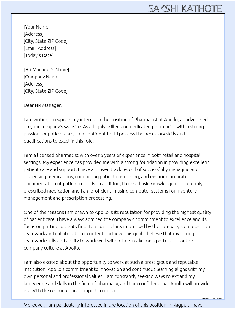 Pharmacist At Apollo Cover Letter
