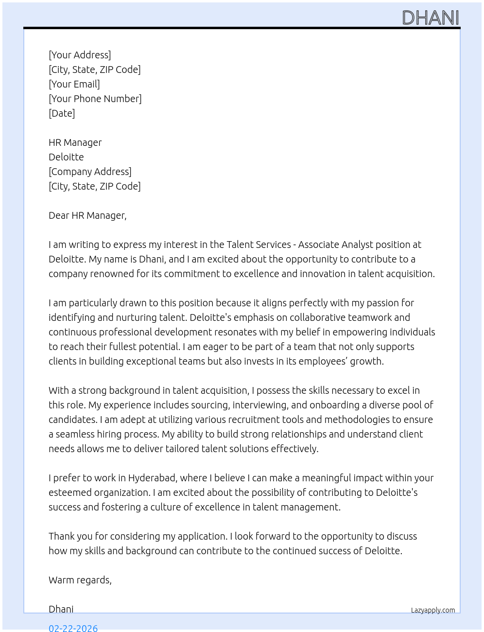 TALENT SERVICES-ASSOCIATE ANALYST At DELOITTE Cover Letter