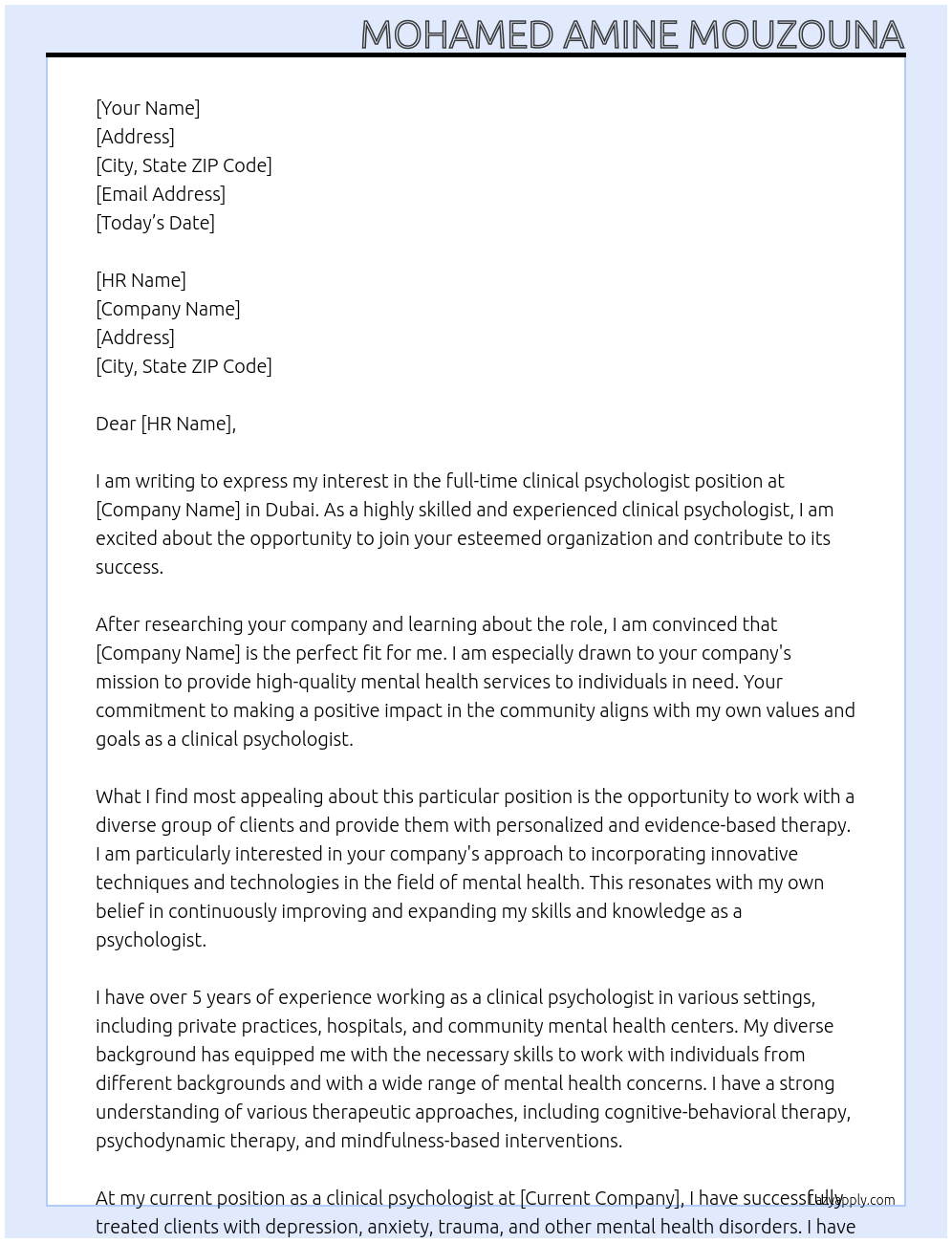 clinical psychologist At company name Cover Letter