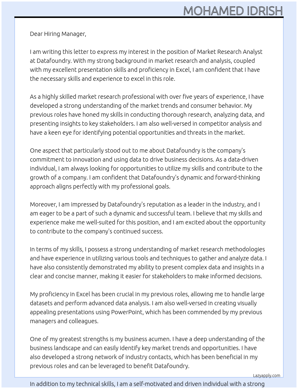 Market Research Analyst At Datafoundry Cover Letter