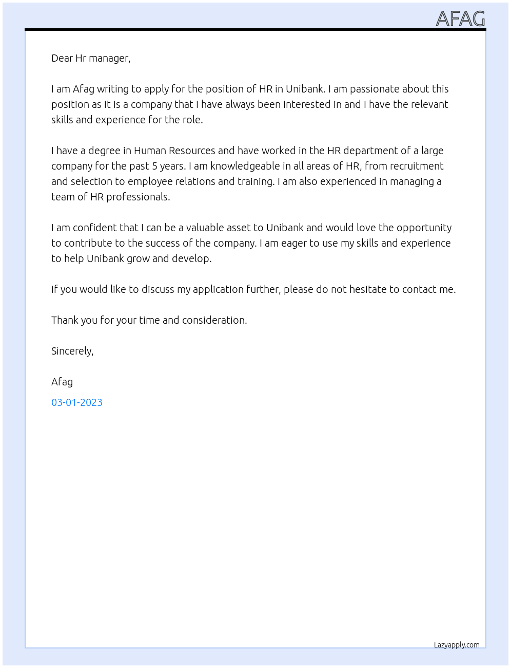 HR At Unibank Cover Letter