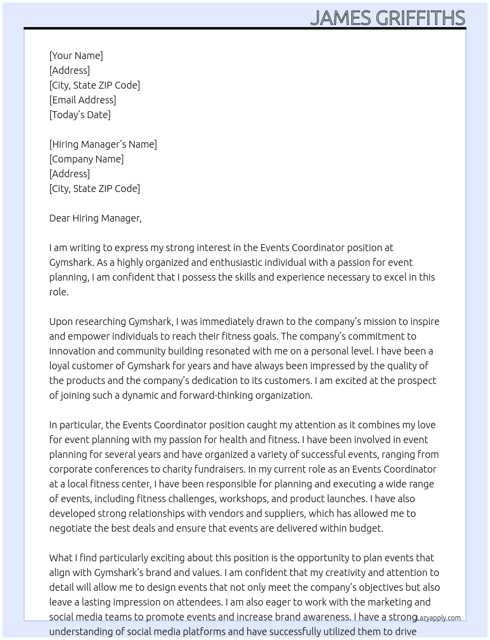 Events Coordinator At Gymshark Cover Letter