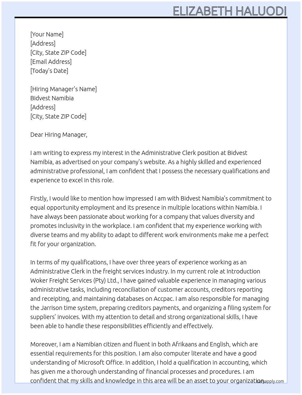 Administrative Clerk At Bidvest Namibia Cover Letter