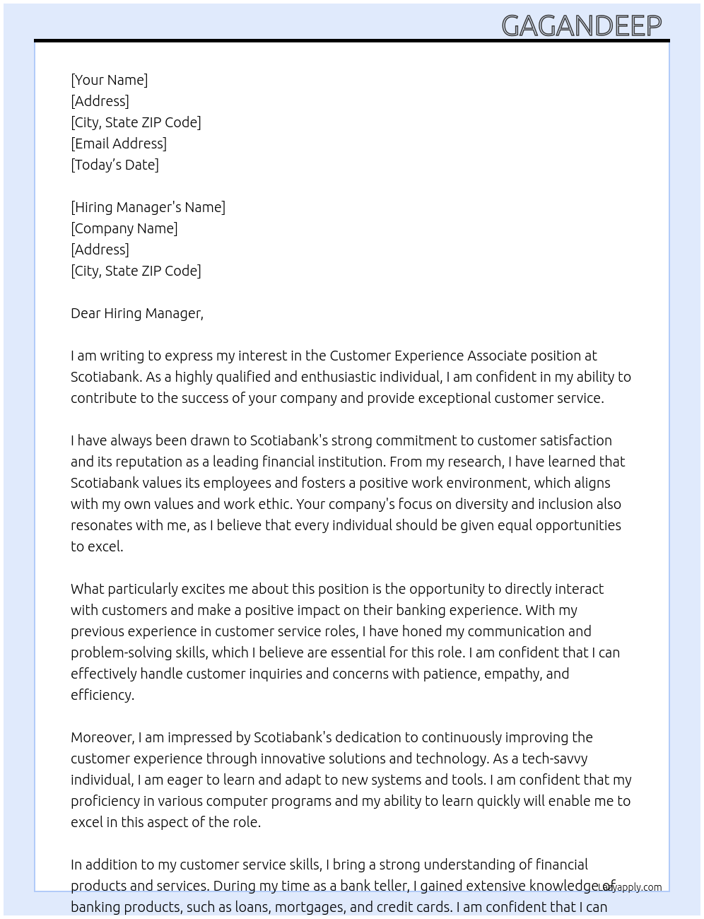 customer experience associate At Scotiabank Cover Letter