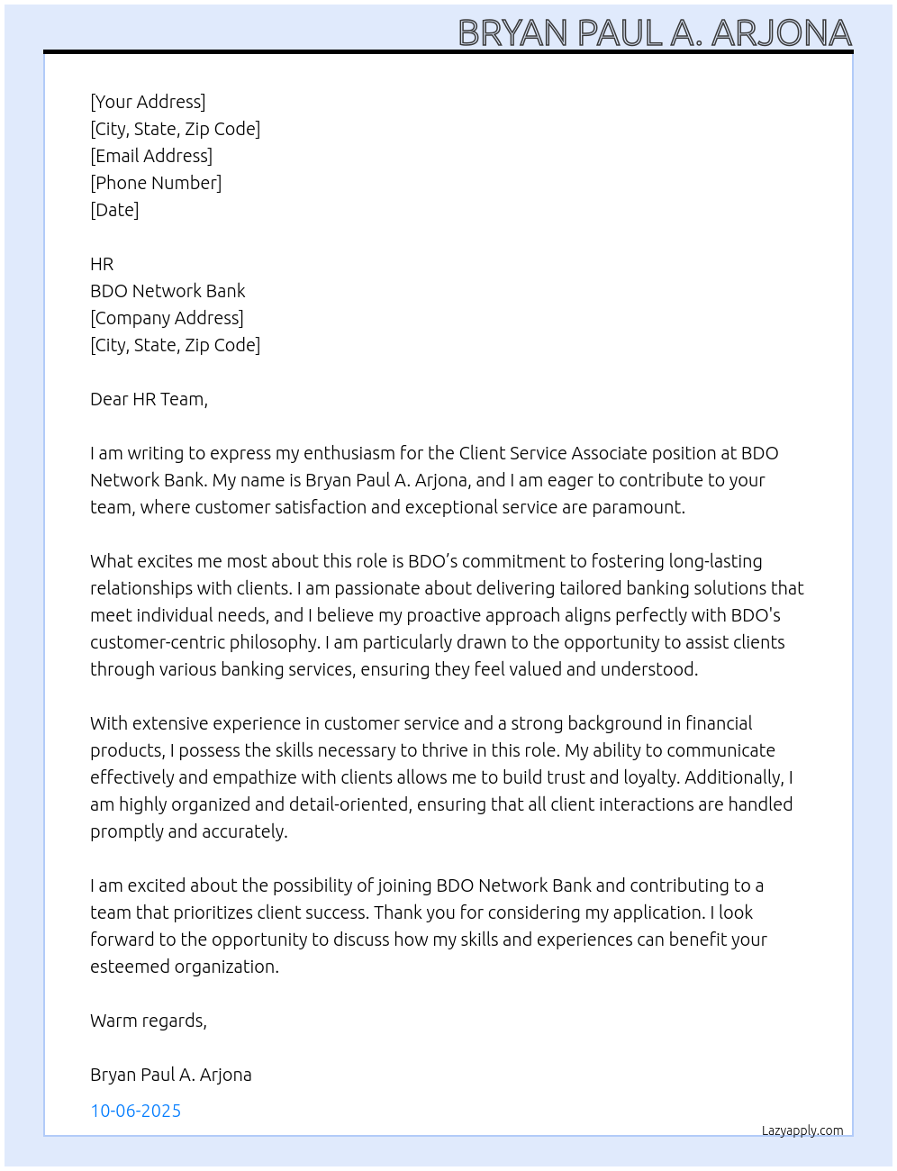 Client Service Associate  At BDO network bank Cover Letter