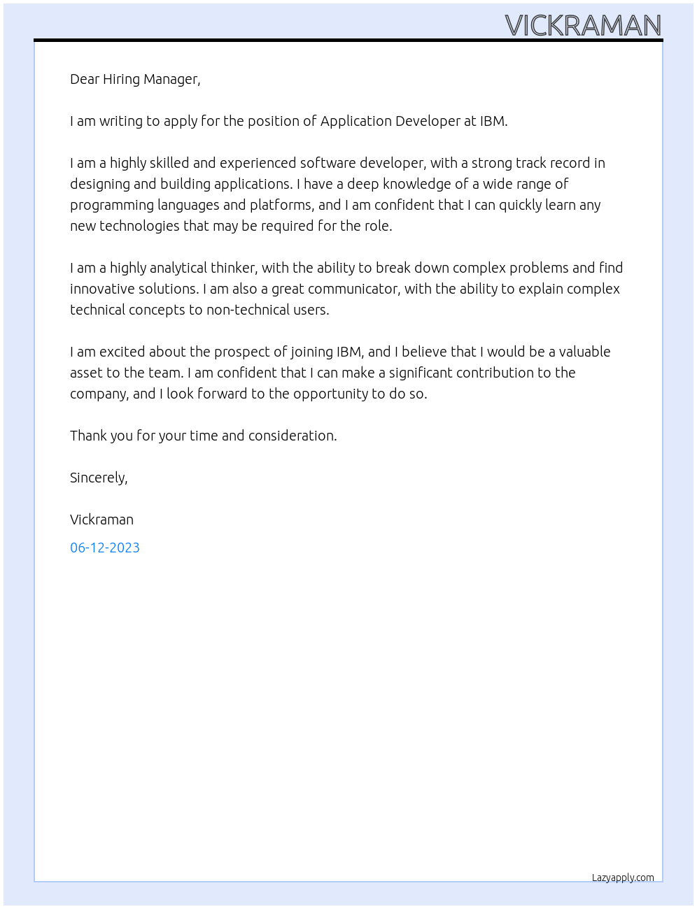 application developer At ibm Cover Letter