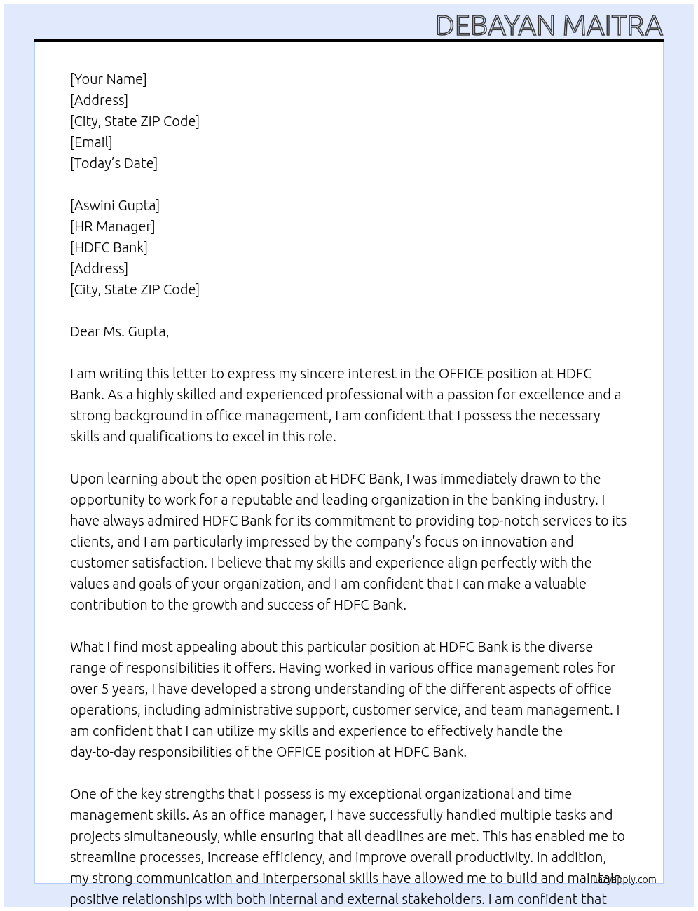 OFFICE At HDFC Bank Cover Letter