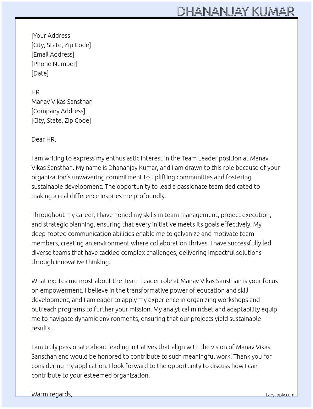 Team Leader At Manav Vikas Sansthan Cover Letter