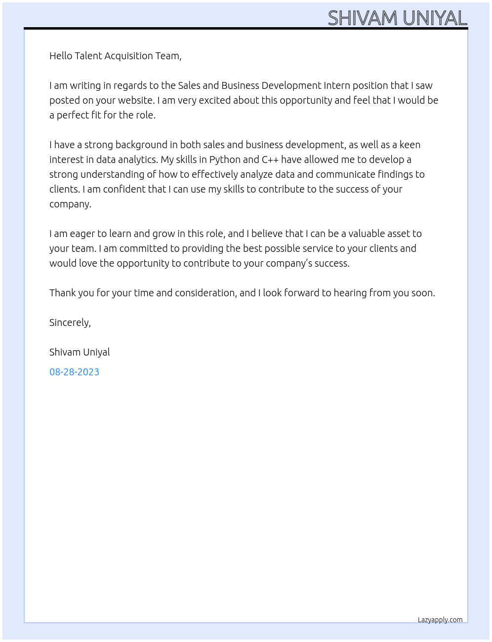 Sales and Business Development Intern At Perceptive analytics Cover Letter