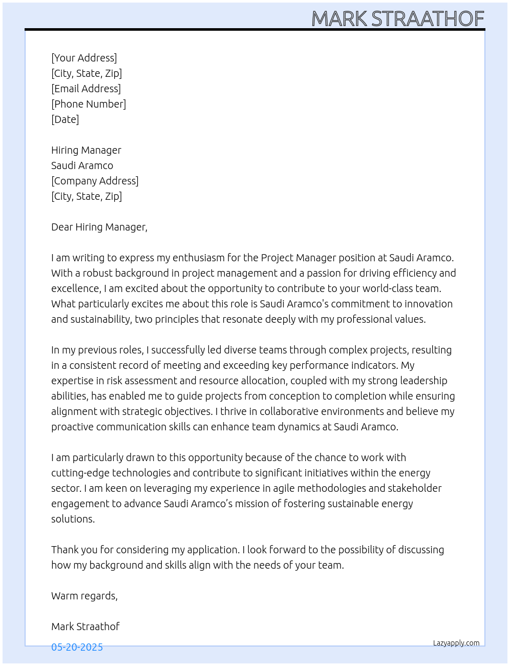 Project Manager At Saudi Aramco Cover Letter