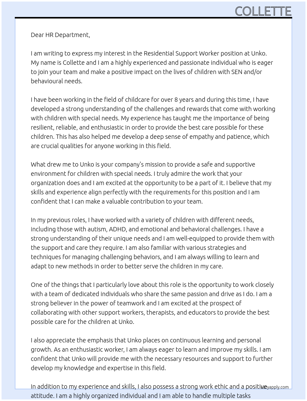 Residential Support Worker At Unko Cover Letter