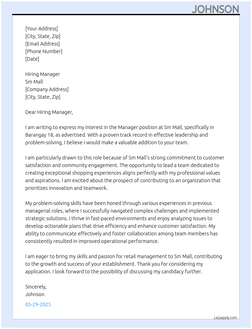 Manager At Sm Mall  Cover Letter