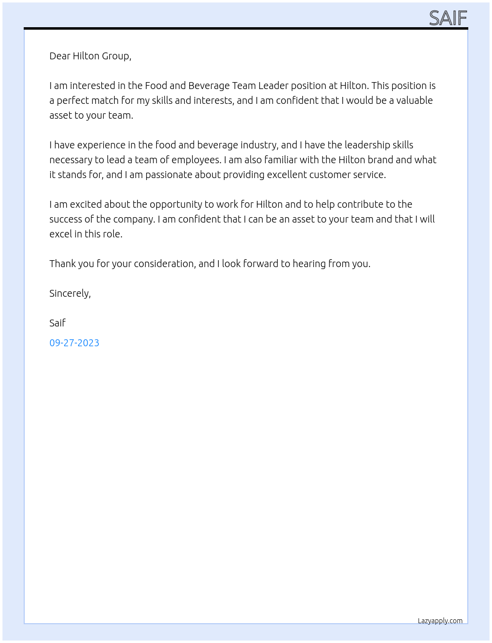 Food and Beverage Team Leader At Hilton  Cover Letter