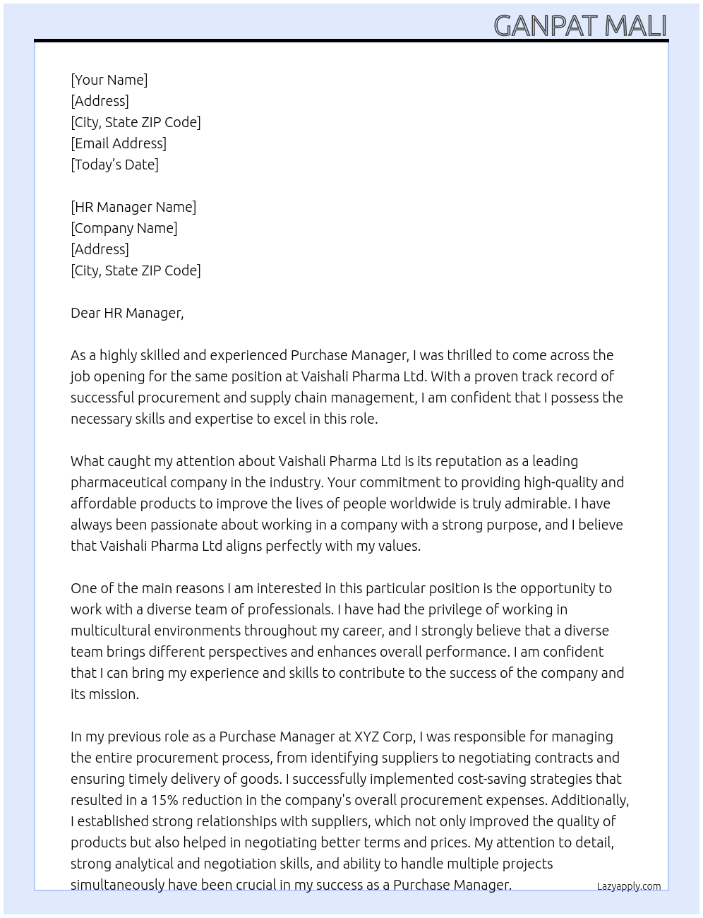 Purchase Manager  At Vaishali Pharma Ltd Cover Letter