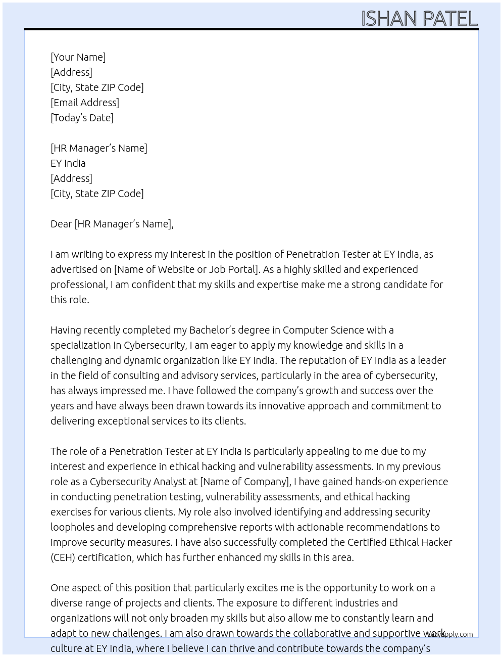 Penetration Tester At EY India Cover Letter