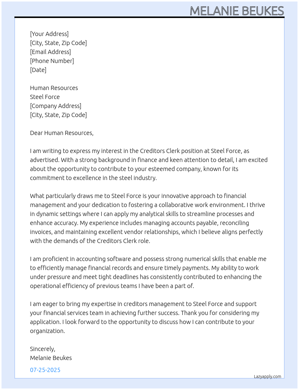 Creditors Clerk At Steel Force Cover Letter