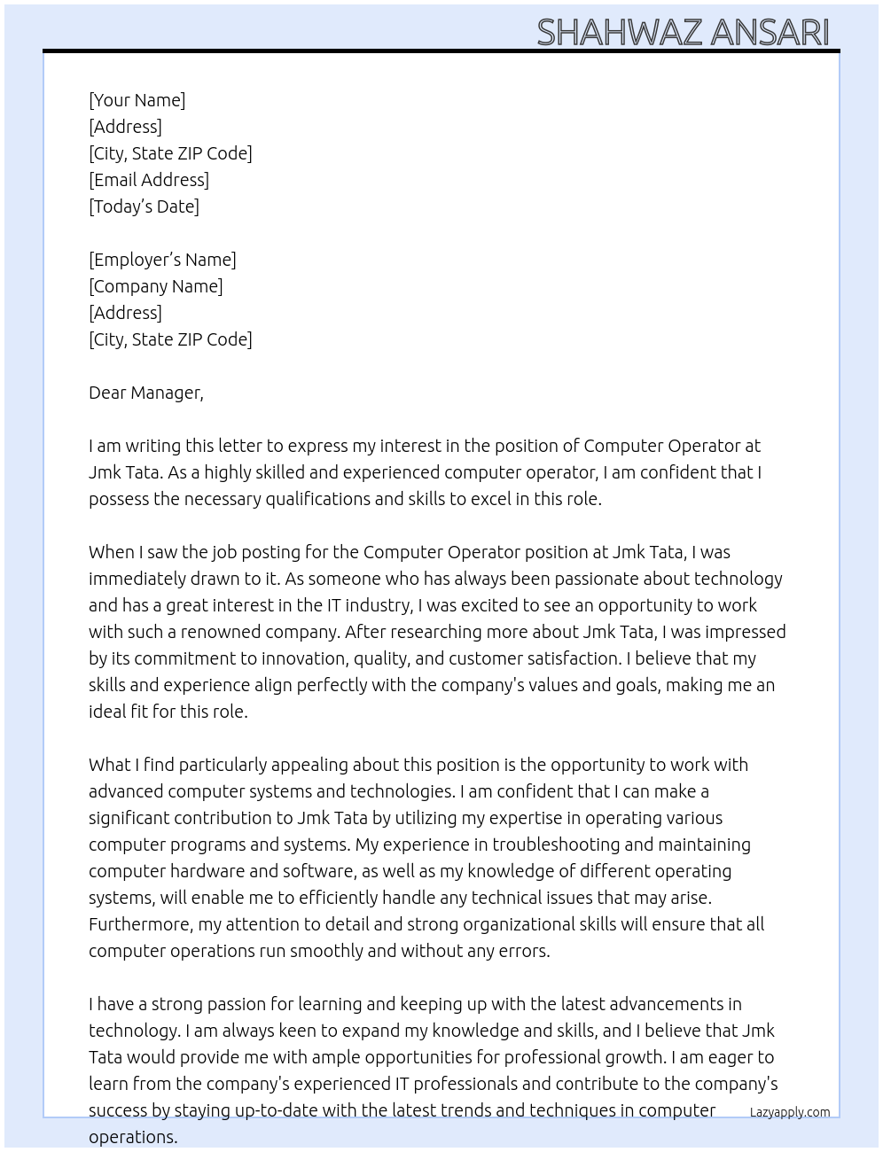 Computer Operator At Jmk Tata Cover Letter