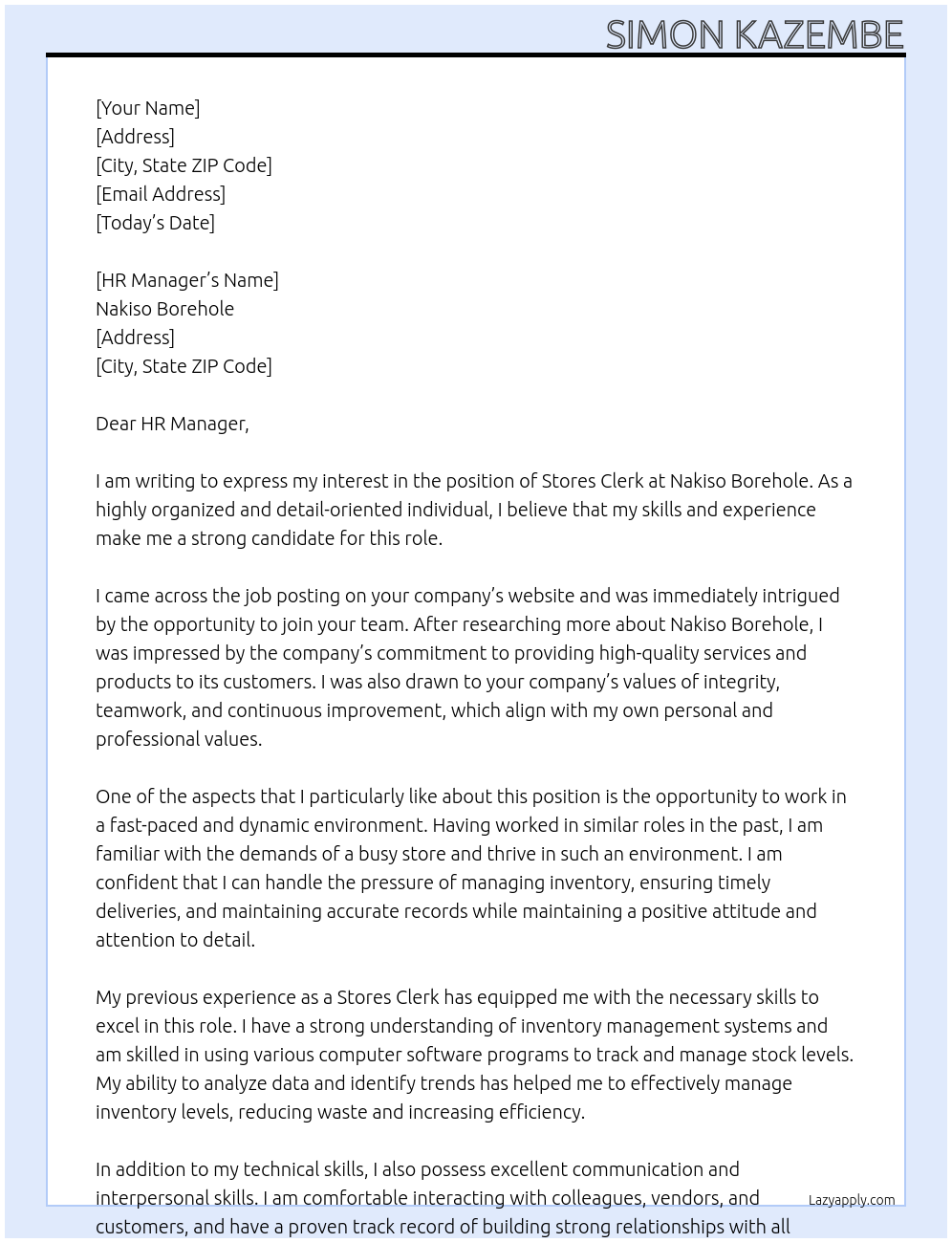 Stores Clerk At Nakiso Borehole Cover Letter