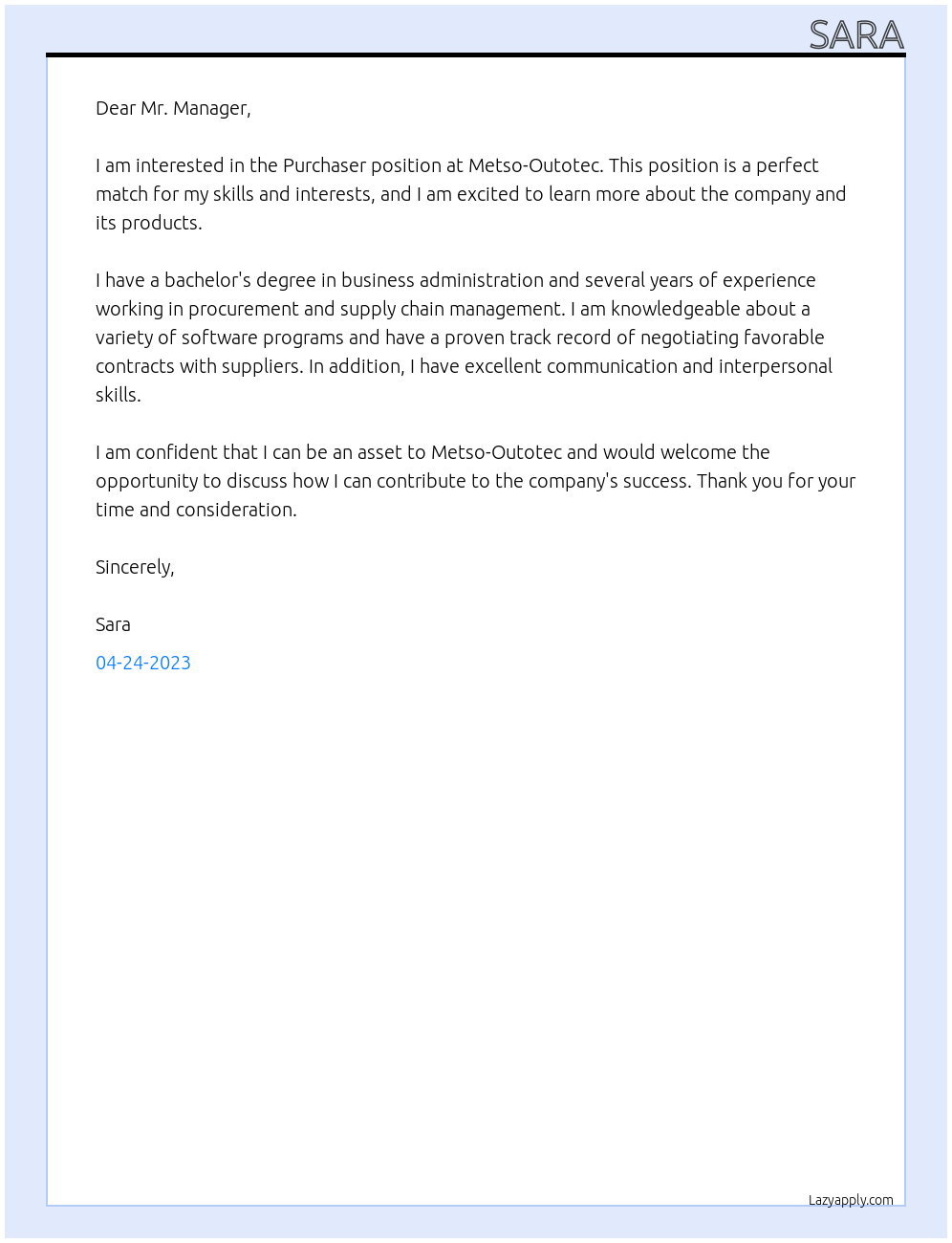 Purchaser At Metso-Outotec Cover Letter