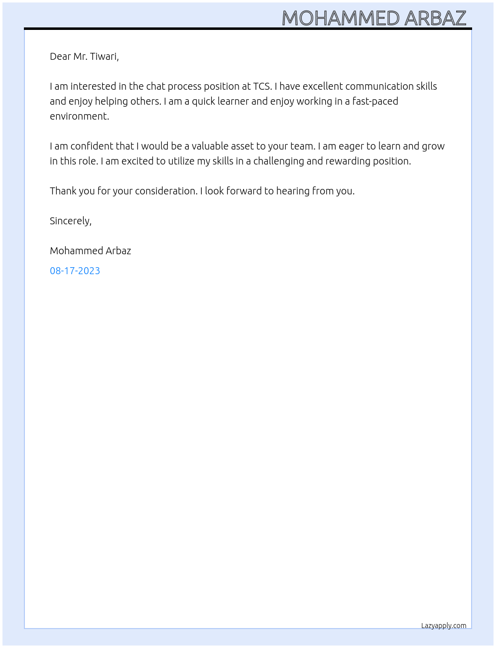 Chat process At TCS Cover Letter