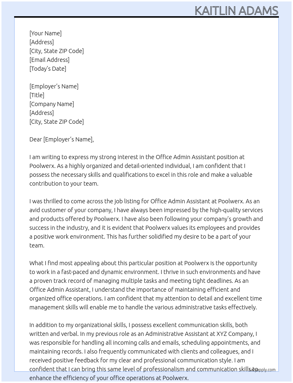 Office Admin Assistant  At Poolwerx Cover Letter