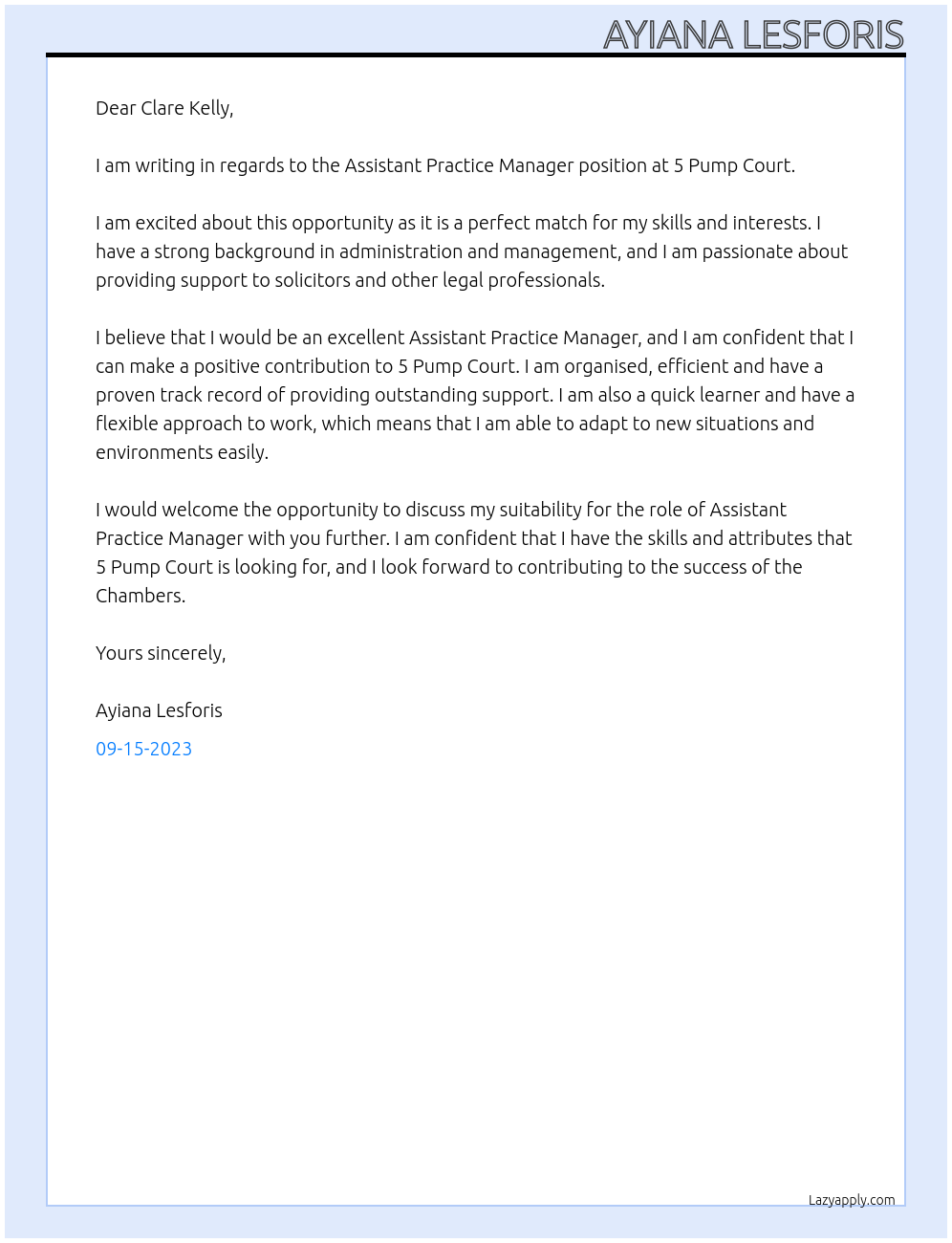 Assistant Practice Manager  At 5 Pump Court Cover Letter