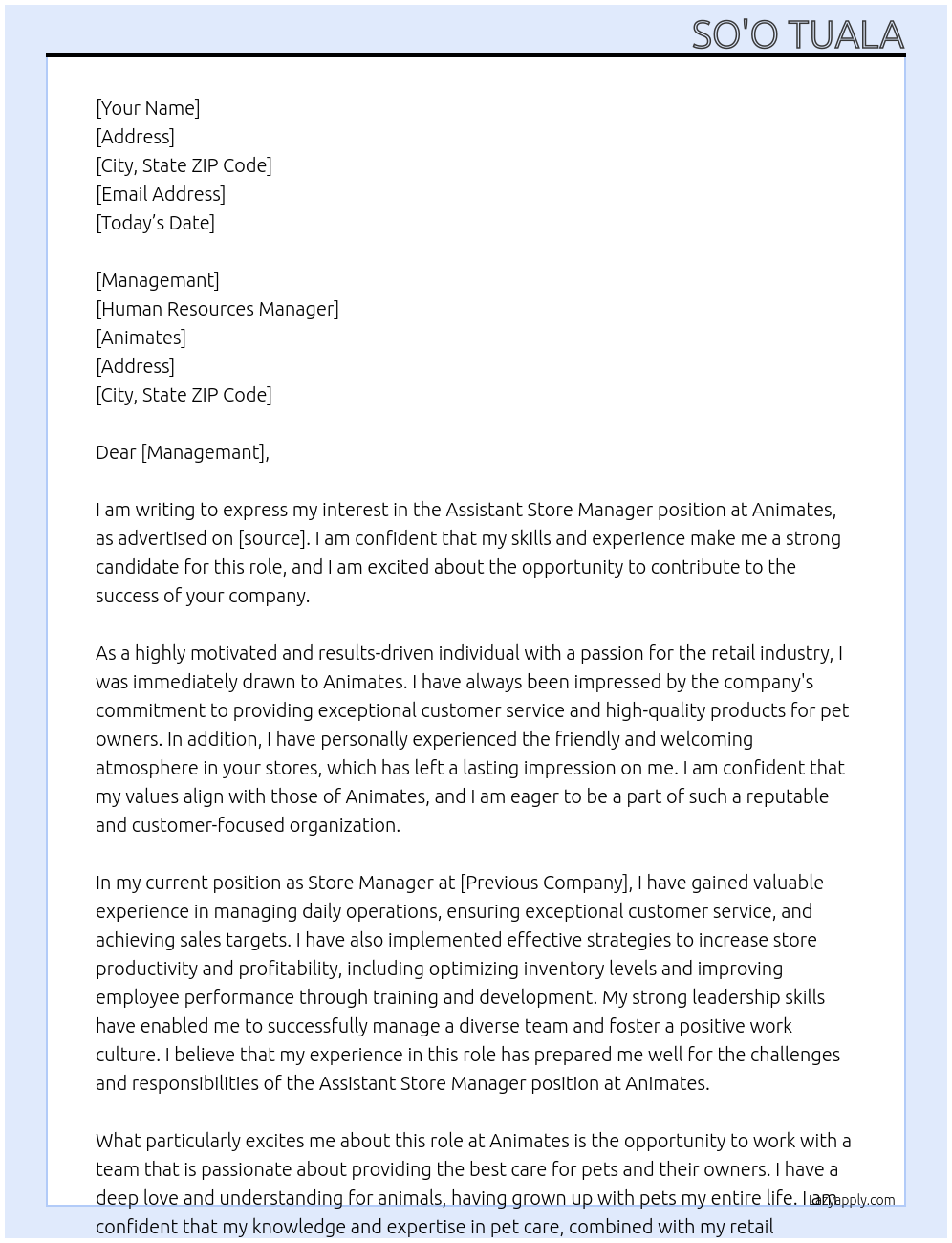 Assistant Store Manager At Animates Cover Letter