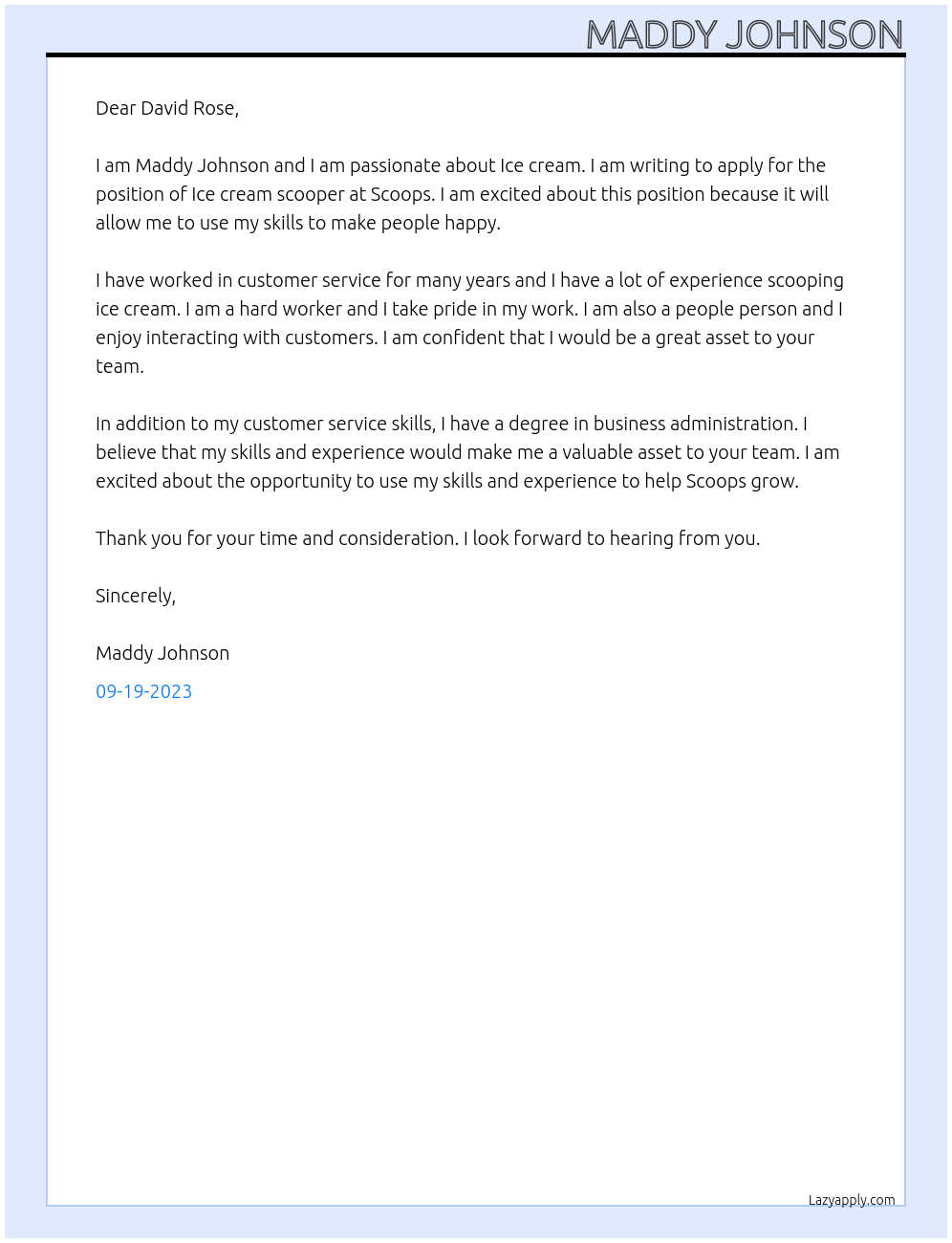 Ice cream scooper At Scoops Cover Letter