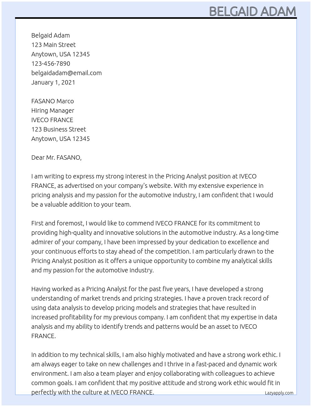 PRICING ANALYST At IVECO FRANCE Cover Letter