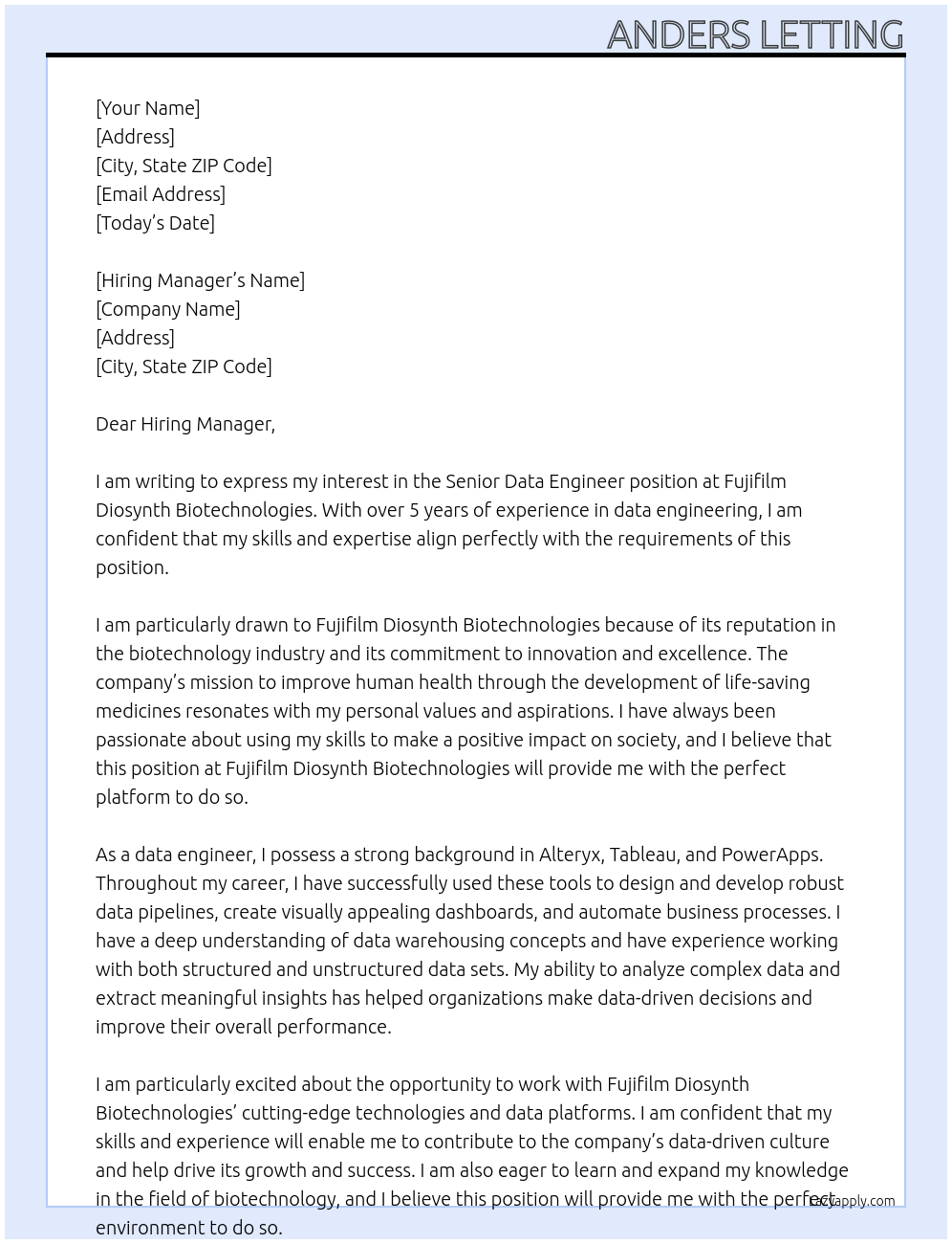 Senior Data Engineer At Fujifilm Diosynth Biotechnologies Cover Letter