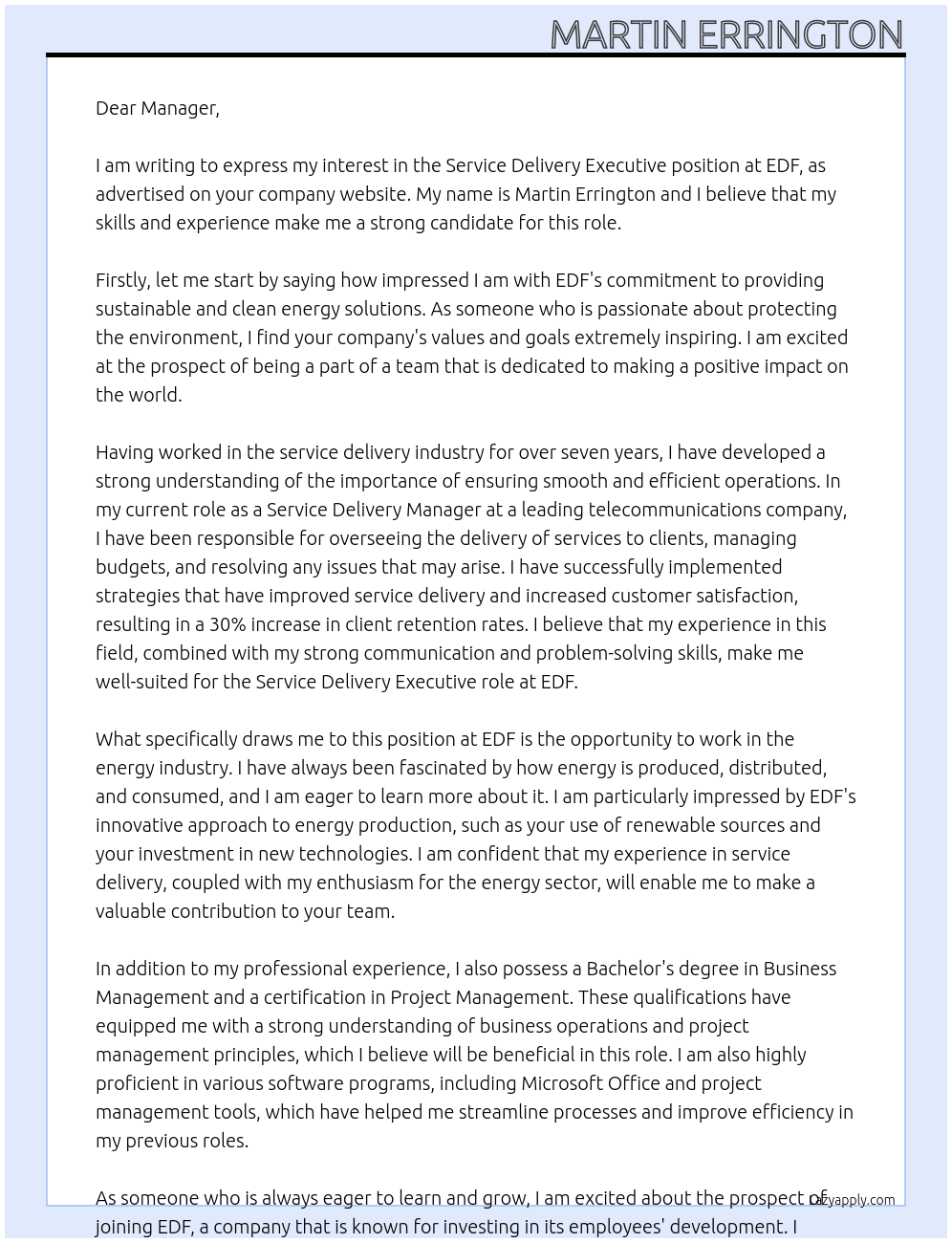 Cover letter for service delivery executive - LazyApply