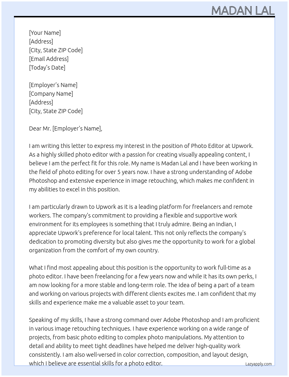photo editor At upwork Cover Letter