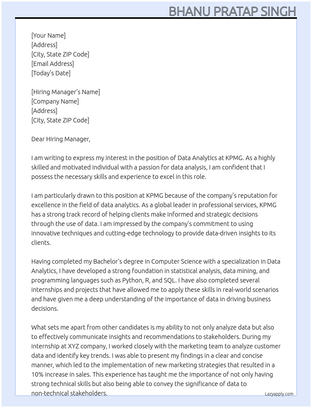 data Analytics At KPMG Cover Letter