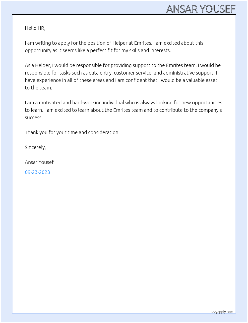 Helper At EMRITES  Cover Letter