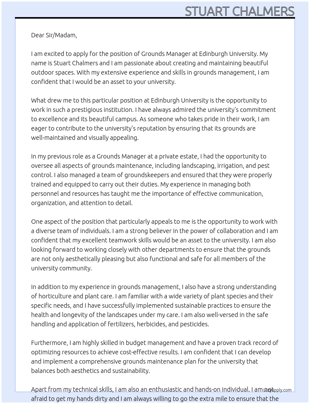 Cover letter for grounds manager - LazyApply