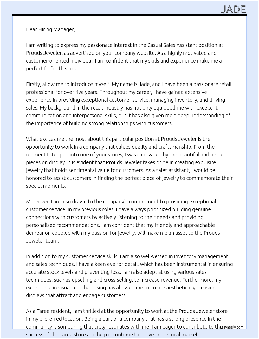 Casual Sales Assistant At Prouds Jeweler Cover Letter