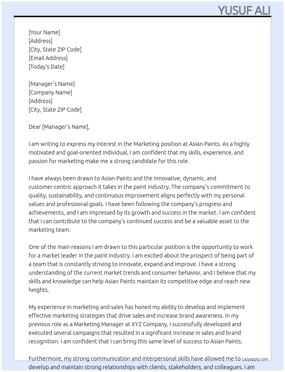 Marketing At Asian paints Cover Letter