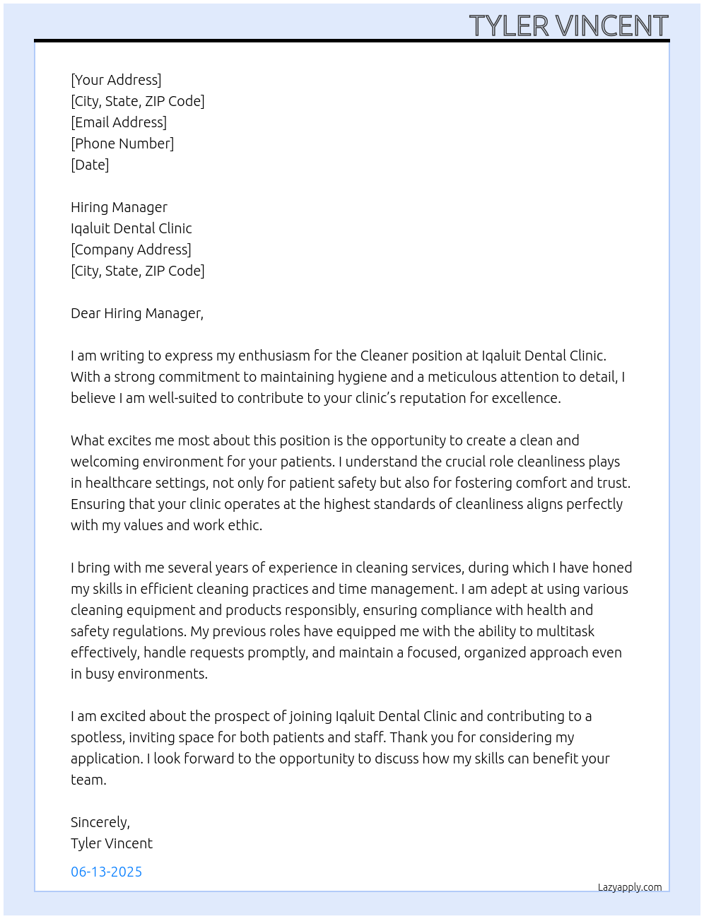 Cleaner At Iqaluit Dental Clinic Cover Letter