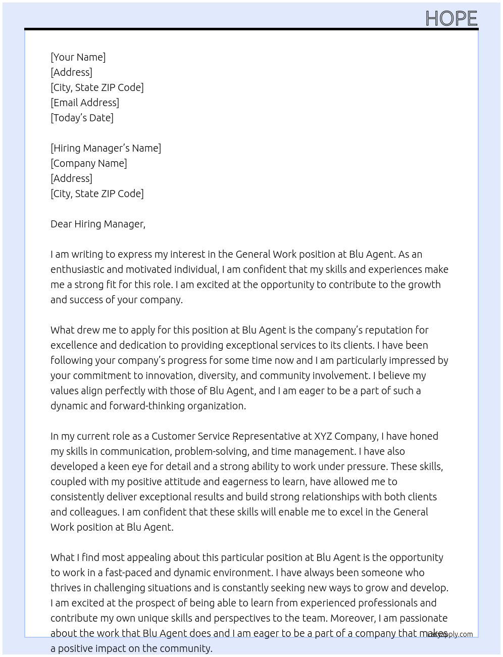 General work  At Blu agent  Cover Letter