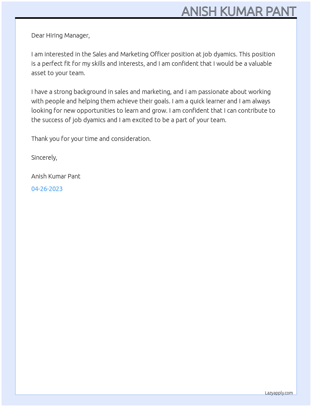 Sales and Marketing Officer At job dyamics Cover Letter